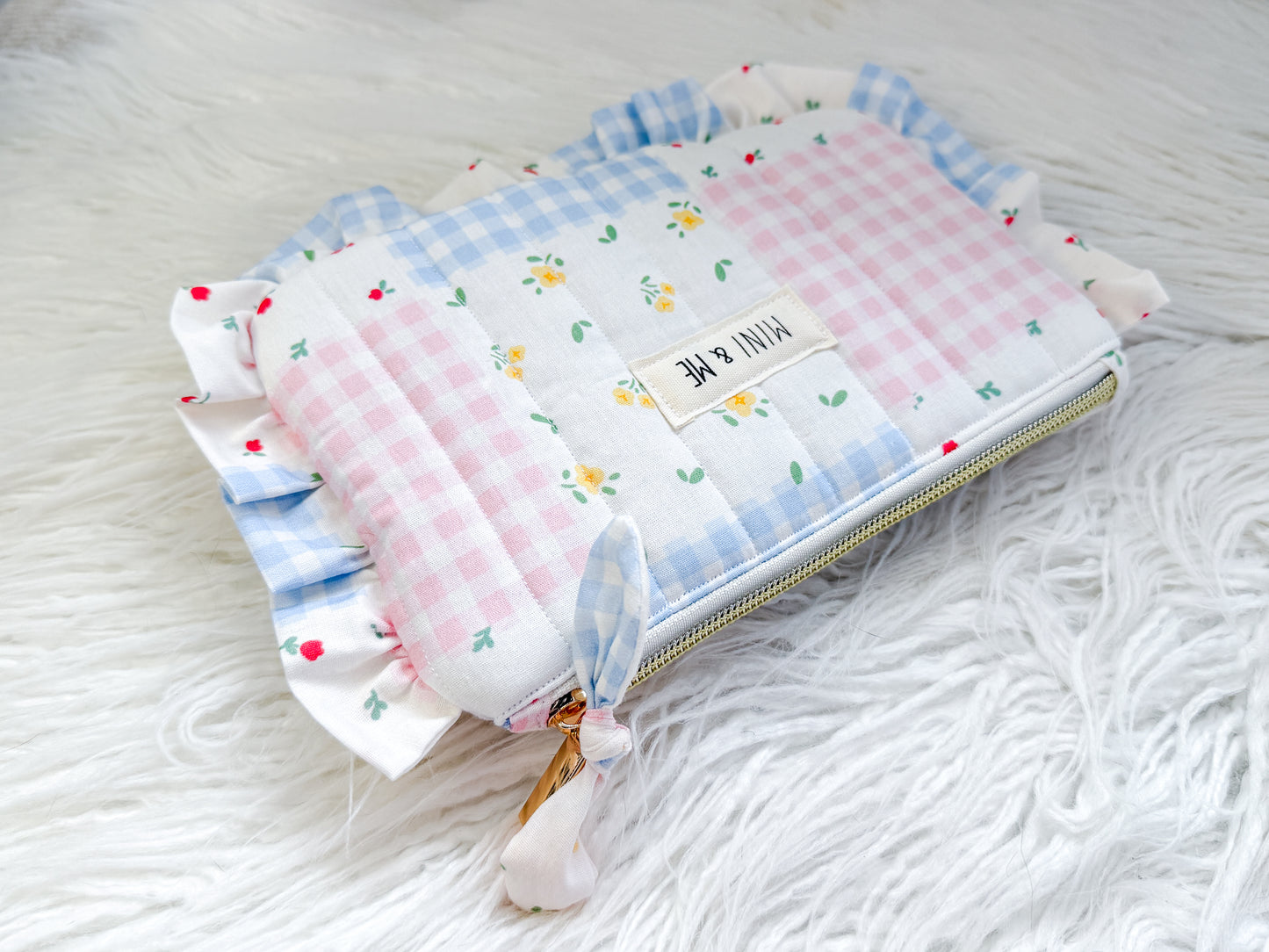 Quilted Gingham Ruffle Pouch