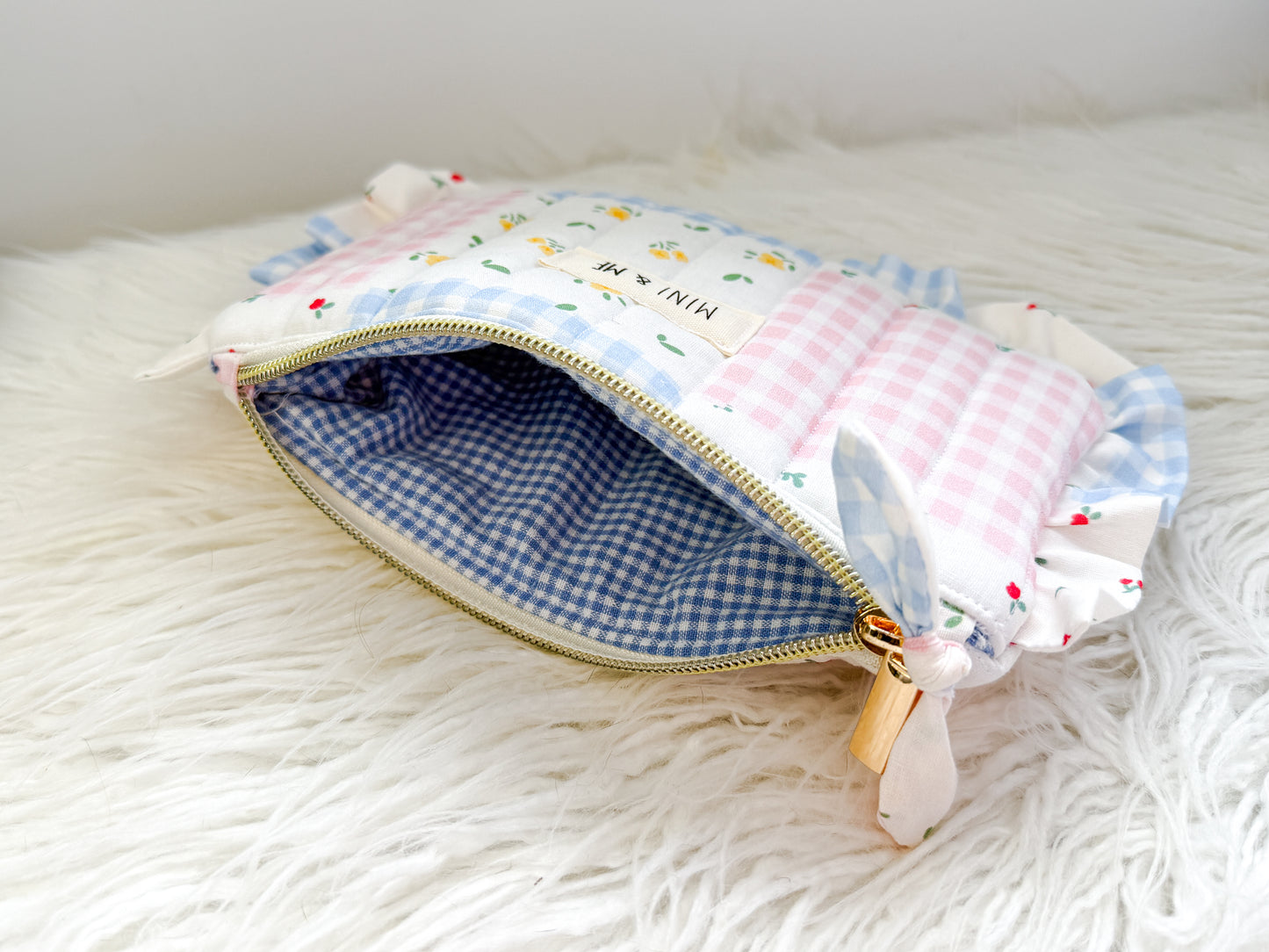 Quilted Gingham Ruffle Pouch
