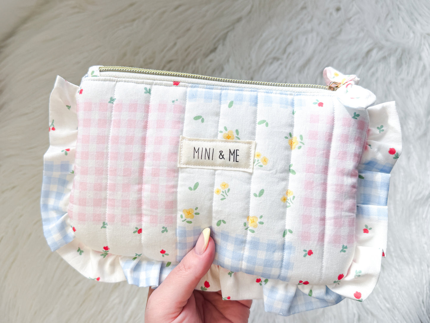 Quilted Gingham Ruffle Pouch