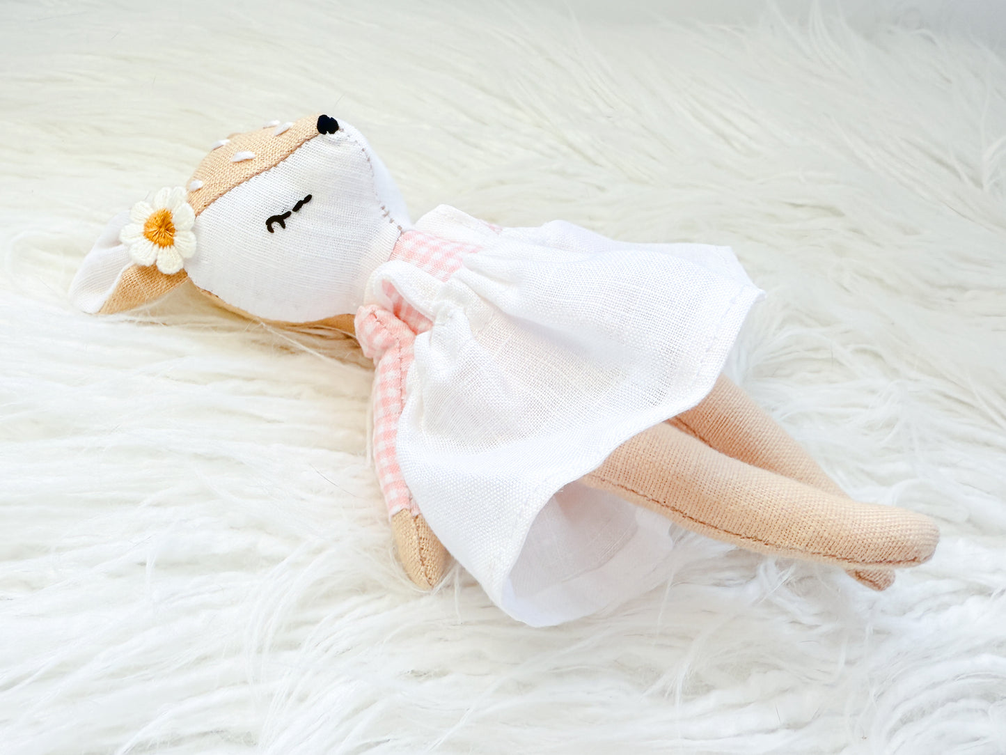 Handmade Linen Deer Mini Doll – Pink Gingham Dress & Flower Accessory