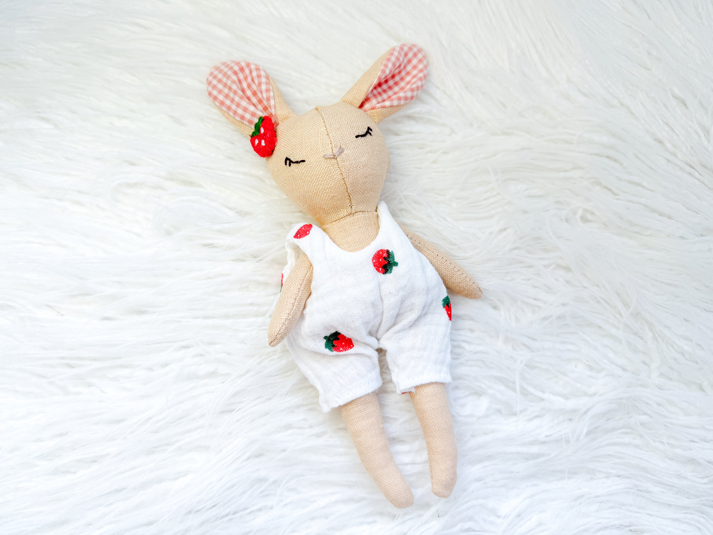 Handmade Linen Bunny Mini Doll – Strawberry Romper & Gingham Ears