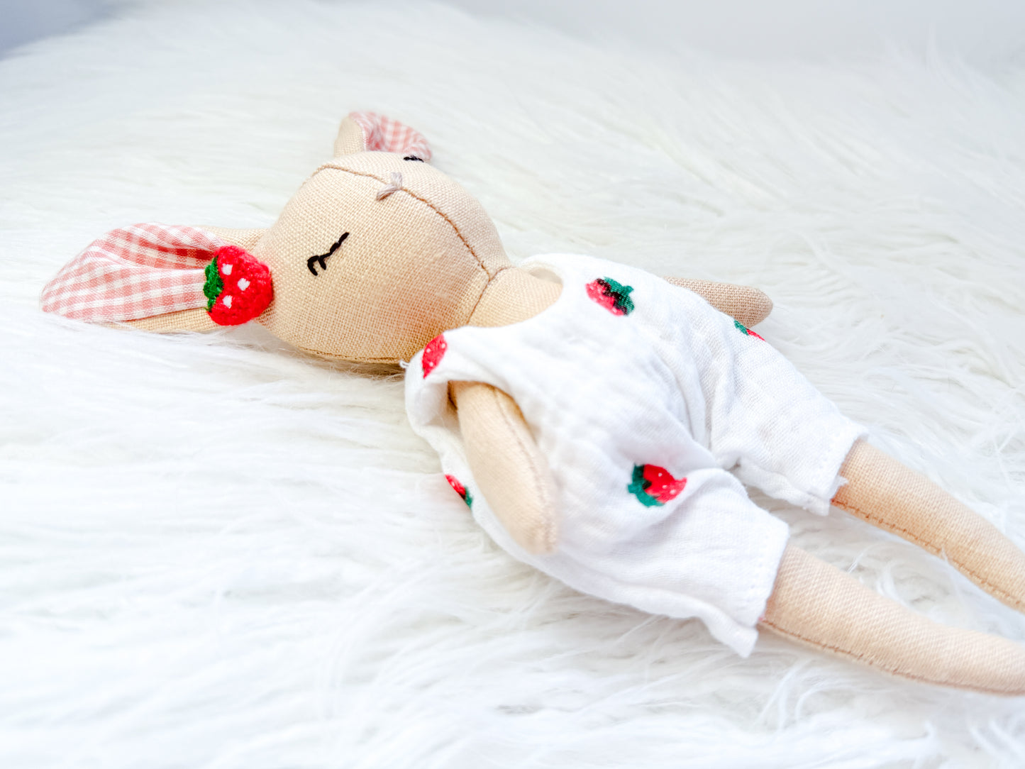 Handmade Linen Bunny Mini Doll – Strawberry Romper & Gingham Ears