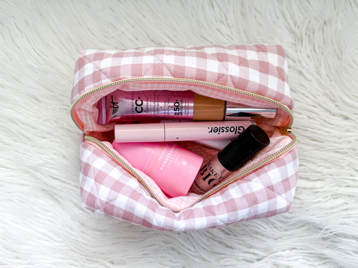 Quilted Makeup Pouch - Pink Gingham