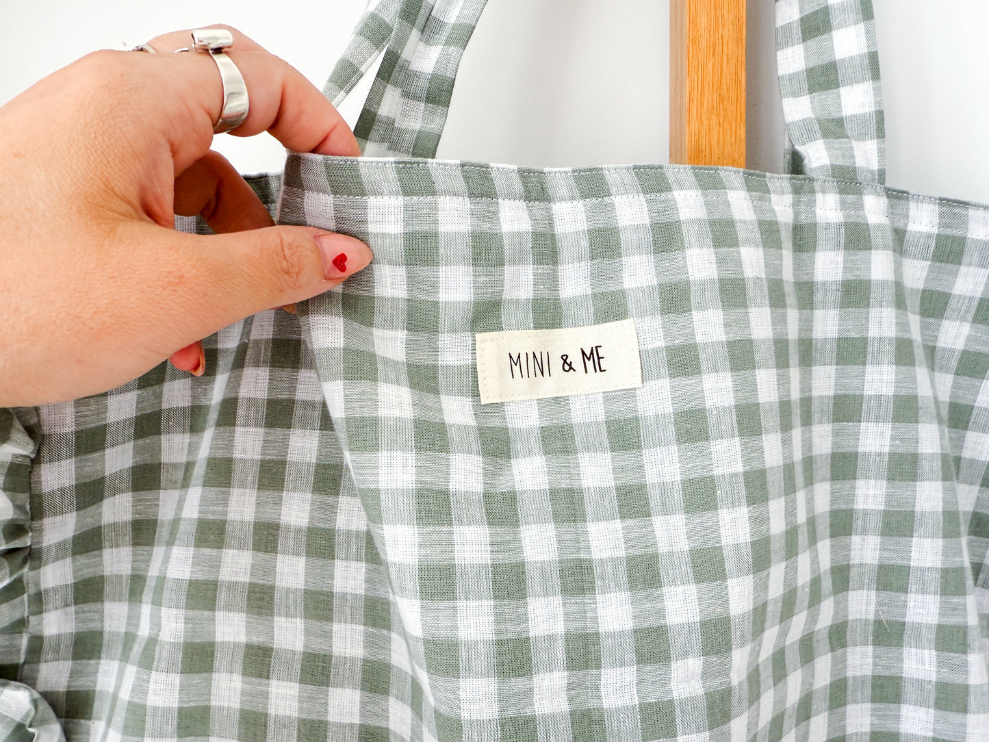 Large Ruffle Tote Bag - Sage Gingham