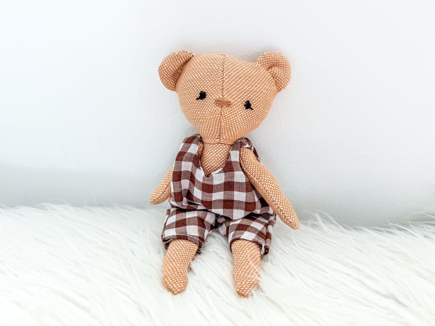 Mini Linen Bear with Gingham Rompers