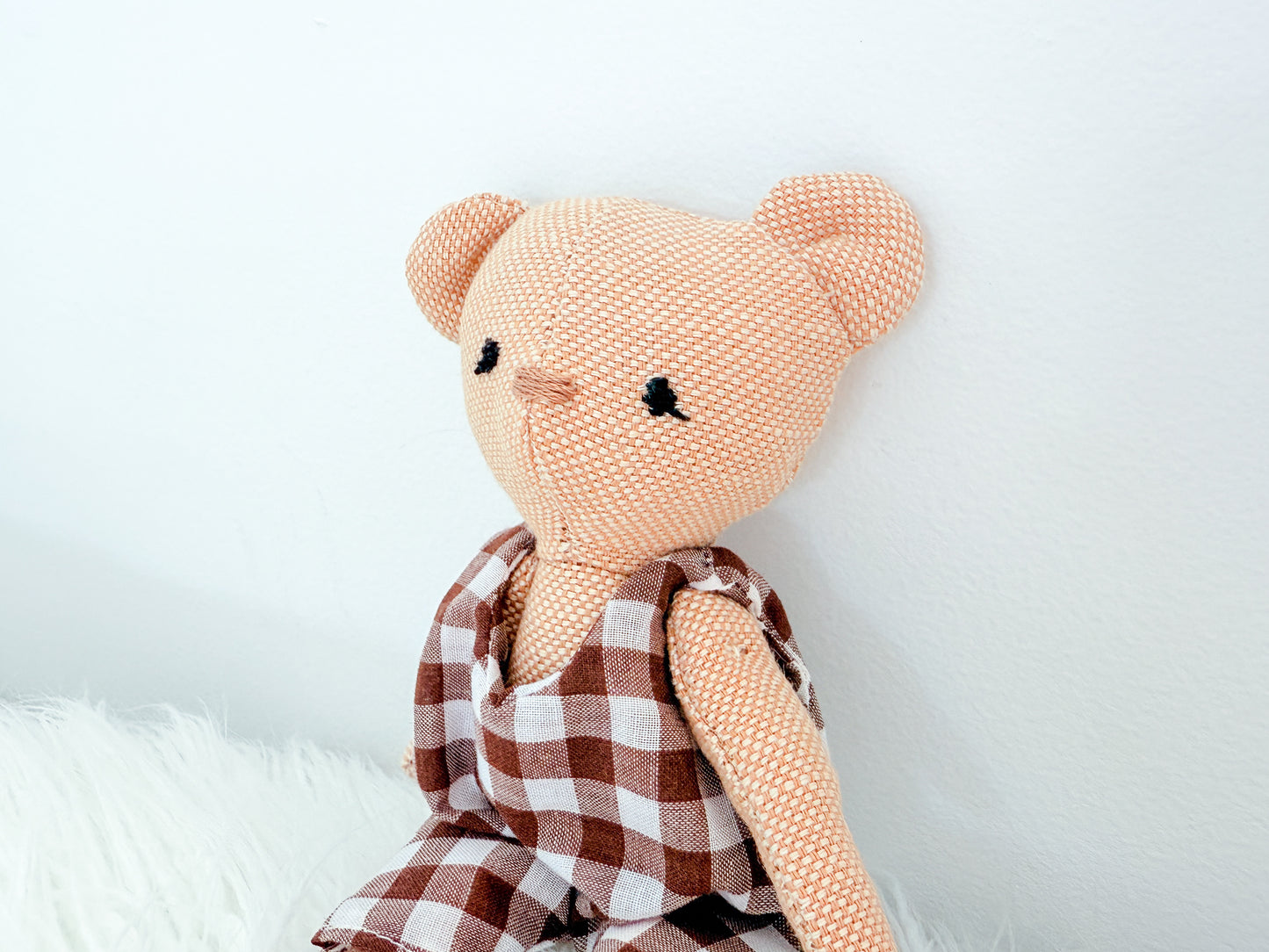 Mini Linen Bear with Gingham Rompers