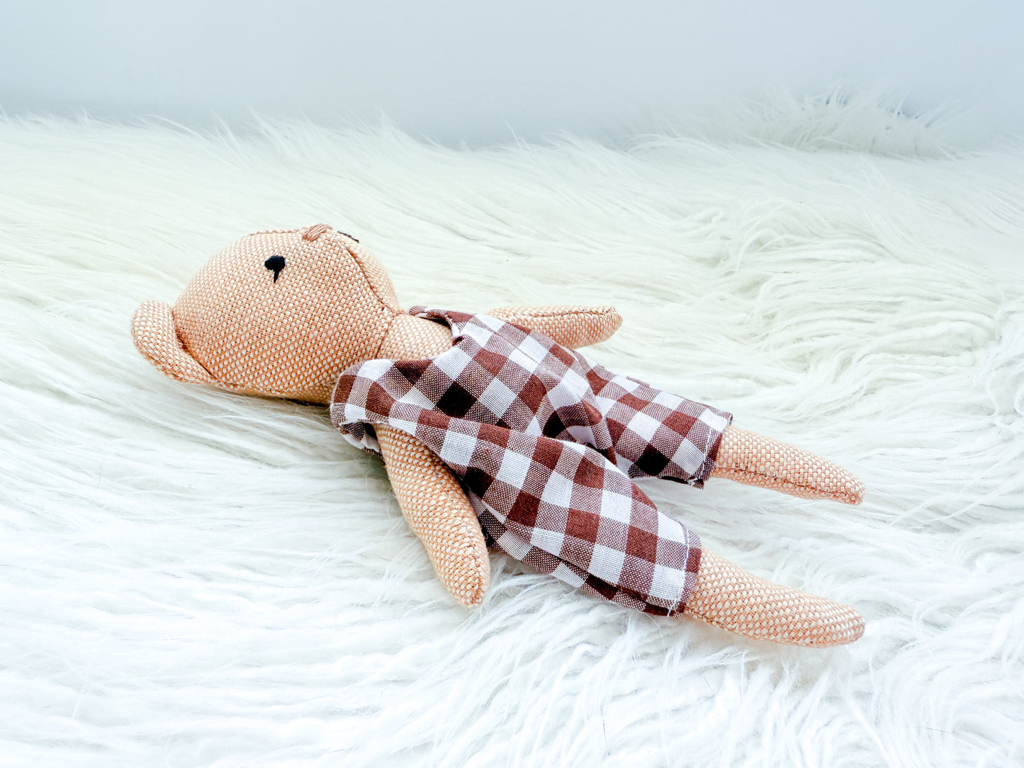 Mini Linen Bear with Gingham Rompers