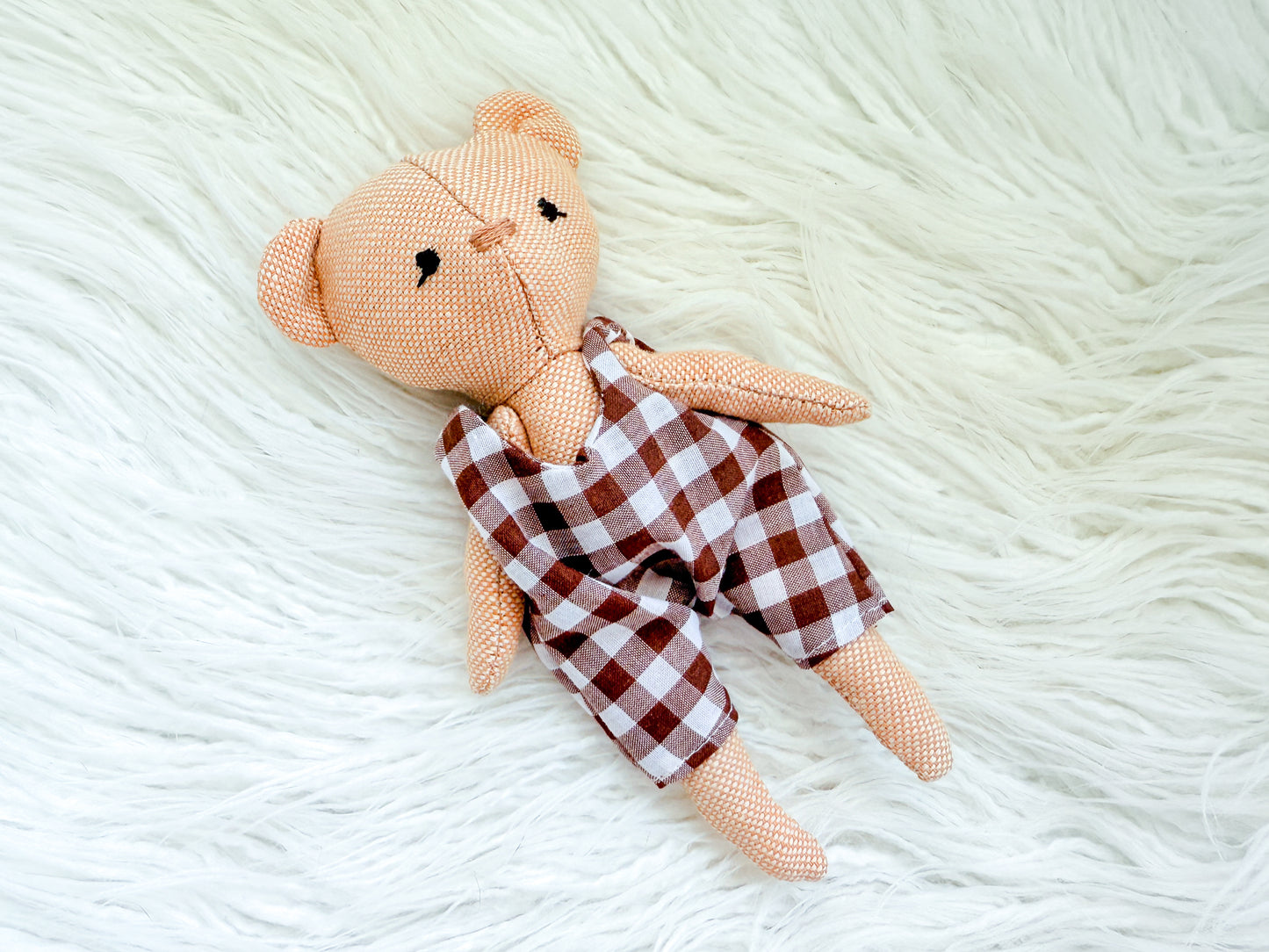 Mini Linen Bear with Gingham Rompers