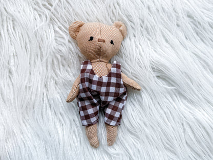 Mini Linen Bear with Gingham Rompers