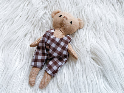 Mini Linen Bear with Gingham Rompers