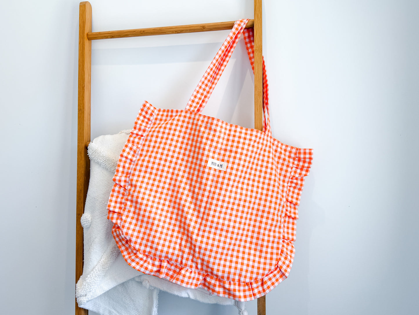 Large Ruffle Tote Bag - Orange Gingham