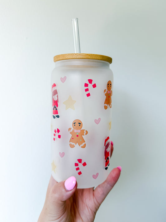 16oz Eco-Friendly Frosted Glass Tumbler - Christmas - Bunny Santa and Gingerbread Man