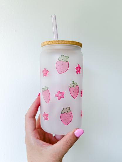 16oz Eco-Friendly Frosted Glass Tumbler - Pink Strawberries