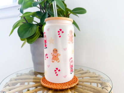 16oz Eco-Friendly Frosted Glass Tumbler - Christmas - Bunny Santa and Gingerbread Man