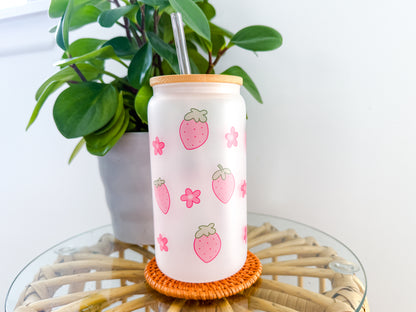 16oz Eco-Friendly Frosted Glass Tumbler - Pink Strawberries