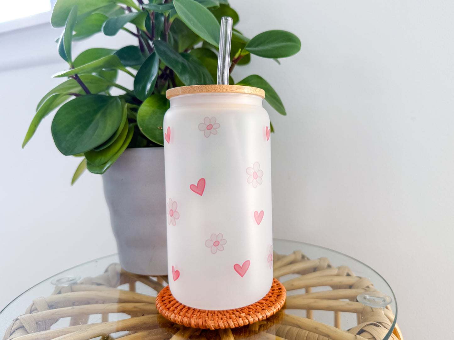 16oz Eco-Friendly Frosted Glass Tumbler - Daisies and Hearts