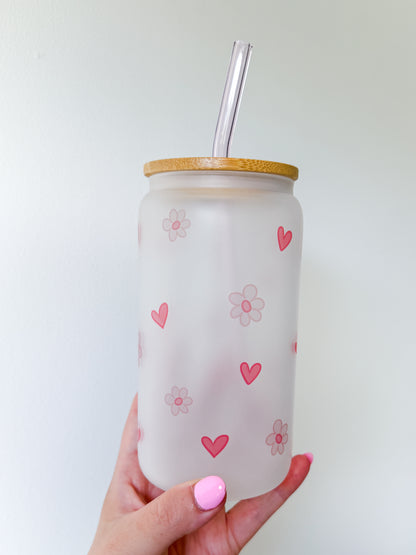 16oz Eco-Friendly Frosted Glass Tumbler - Daisies and Hearts