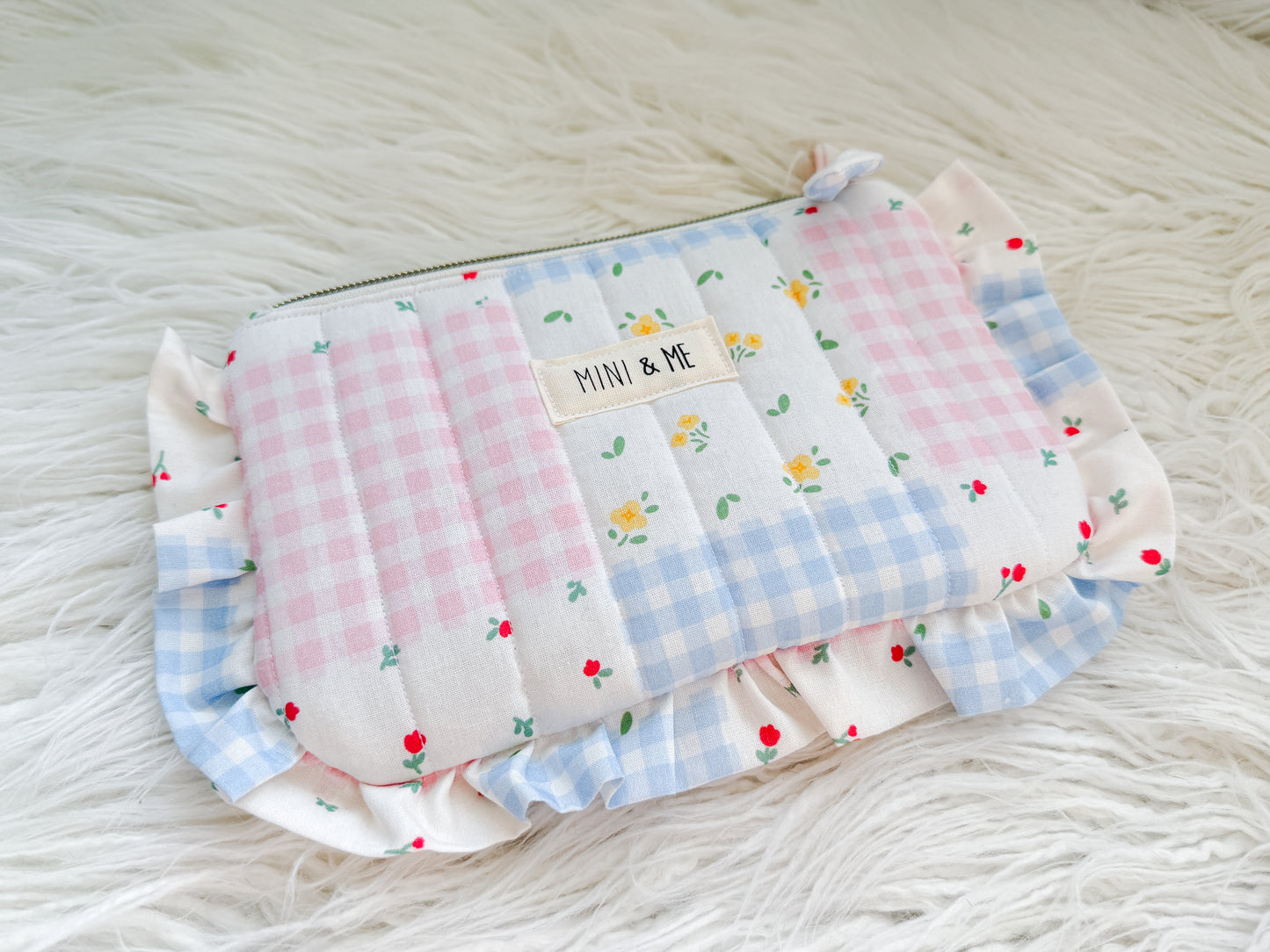 Quilted Gingham Ruffle Pouch