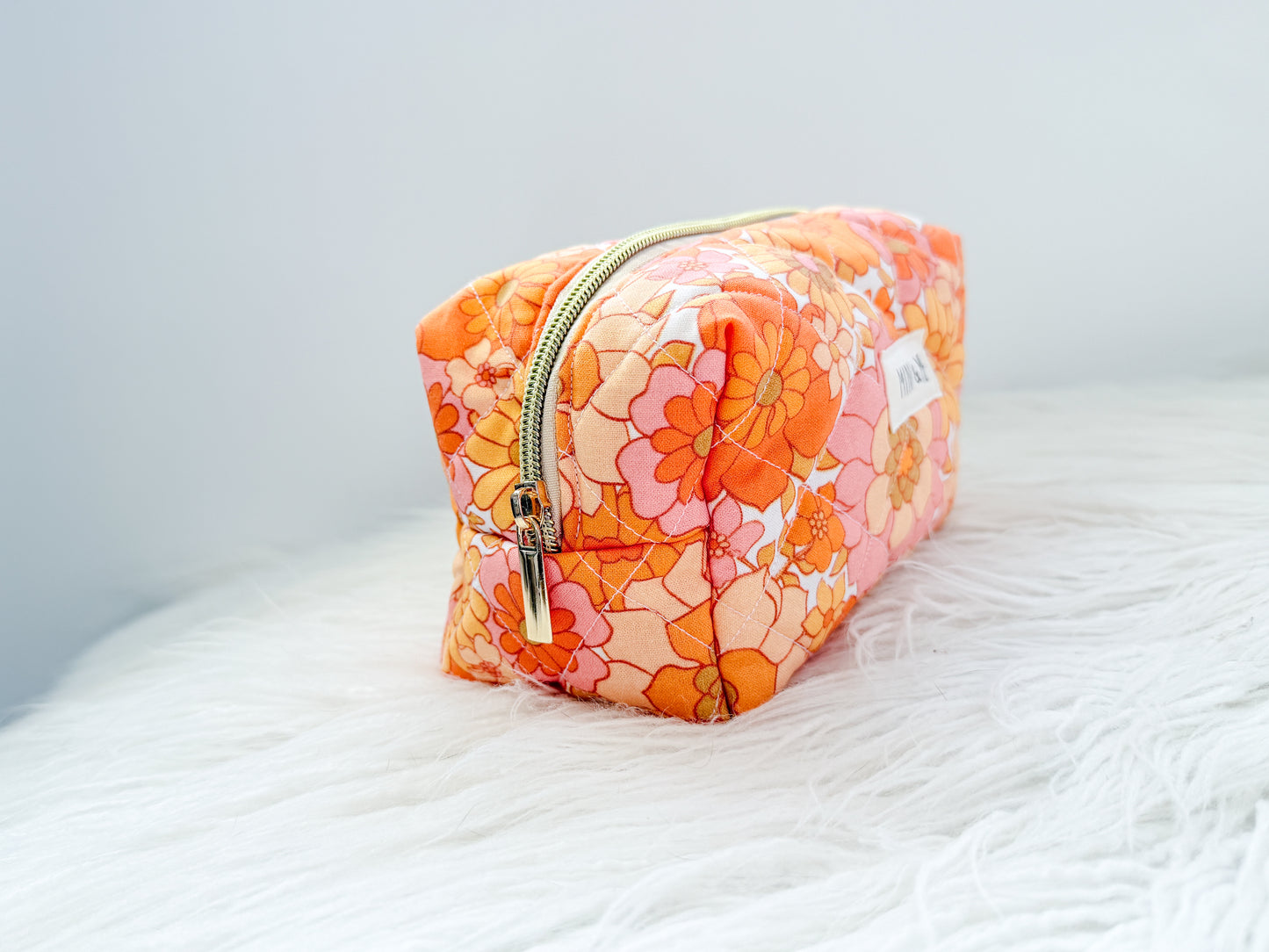 Retro Orange Floral Quilted Everything Pouch