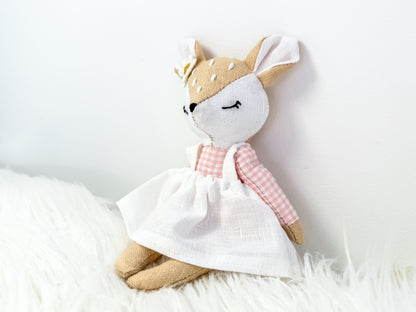 Handmade Linen Deer Mini Doll – Pink Gingham Dress & Flower Accessory