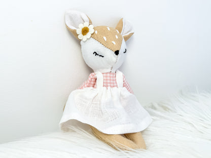 Handmade Linen Deer Mini Doll – Pink Gingham Dress & Flower Accessory