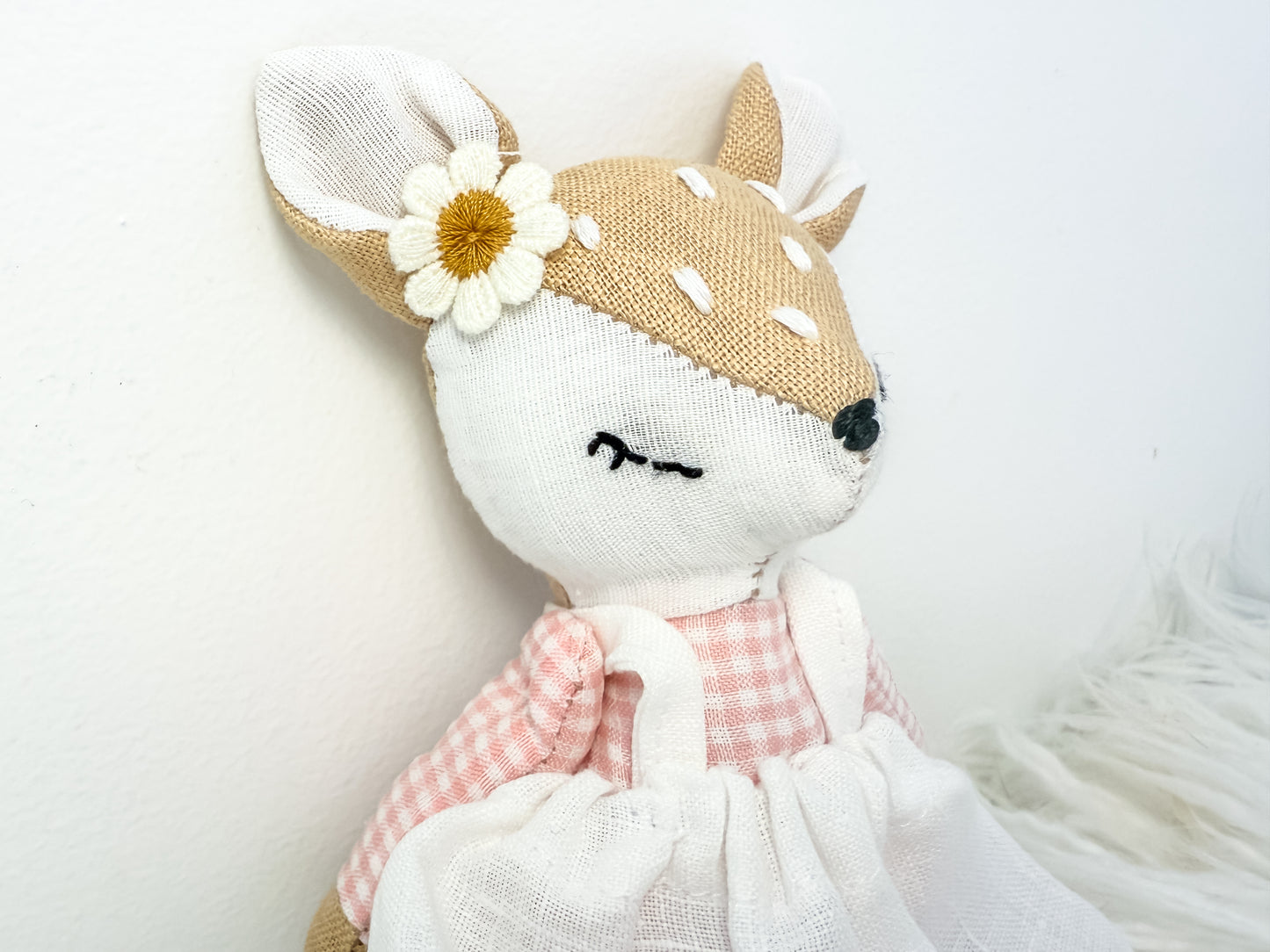 Handmade Linen Deer Mini Doll – Pink Gingham Dress & Flower Accessory