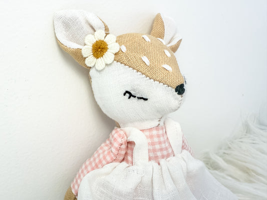 Handmade Linen Deer Mini Doll – Pink Gingham Dress & Flower Accessory