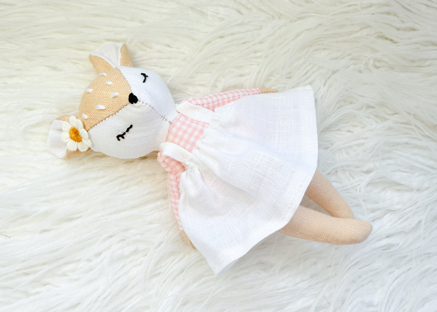 Handmade Linen Deer Mini Doll – Pink Gingham Dress & Flower Accessory