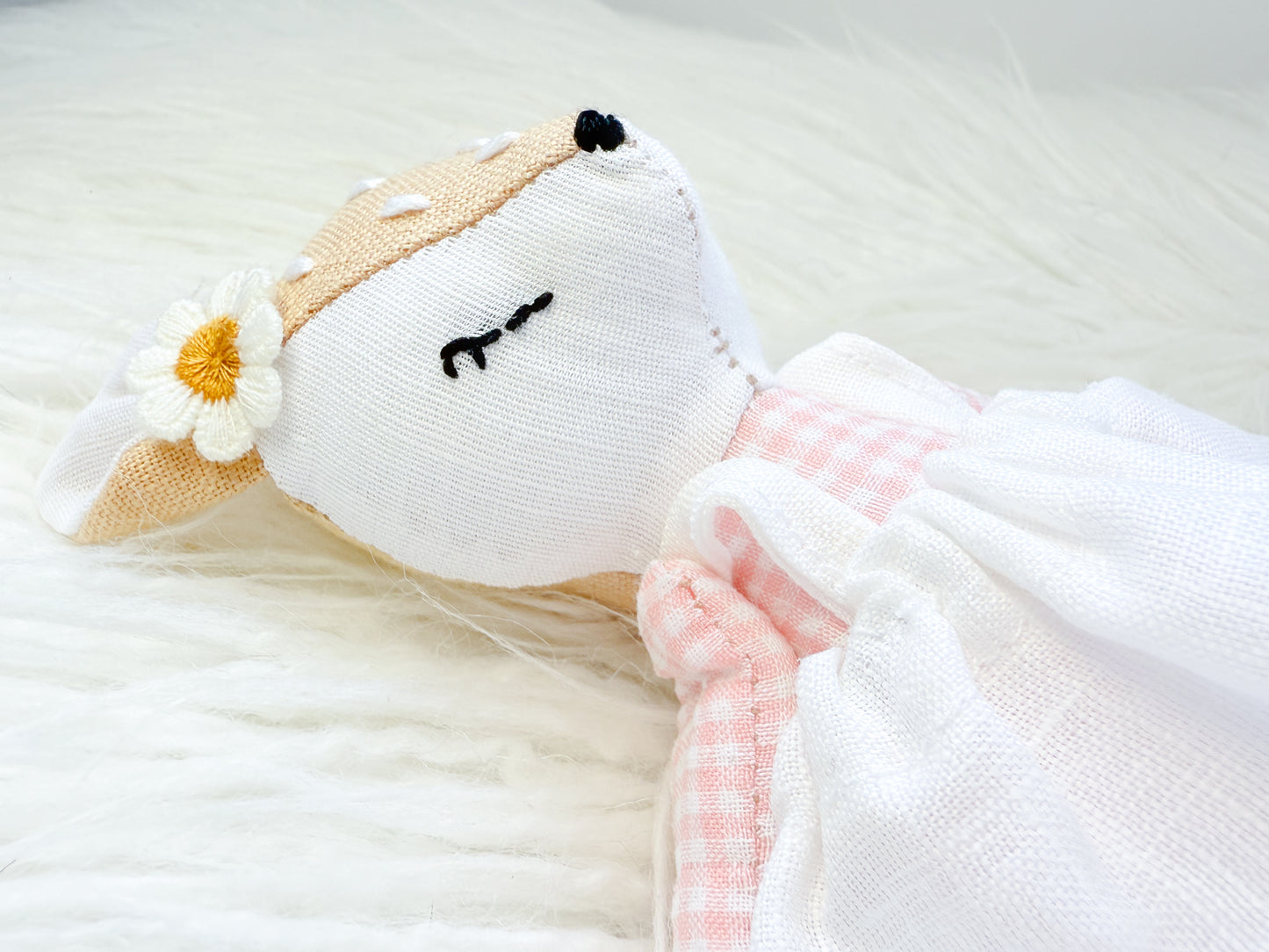 Handmade Linen Deer Mini Doll – Pink Gingham Dress & Flower Accessory