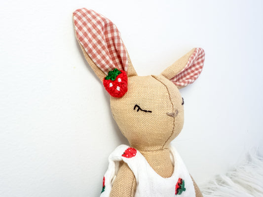 Handmade Linen Bunny Mini Doll – Strawberry Romper & Gingham Ears