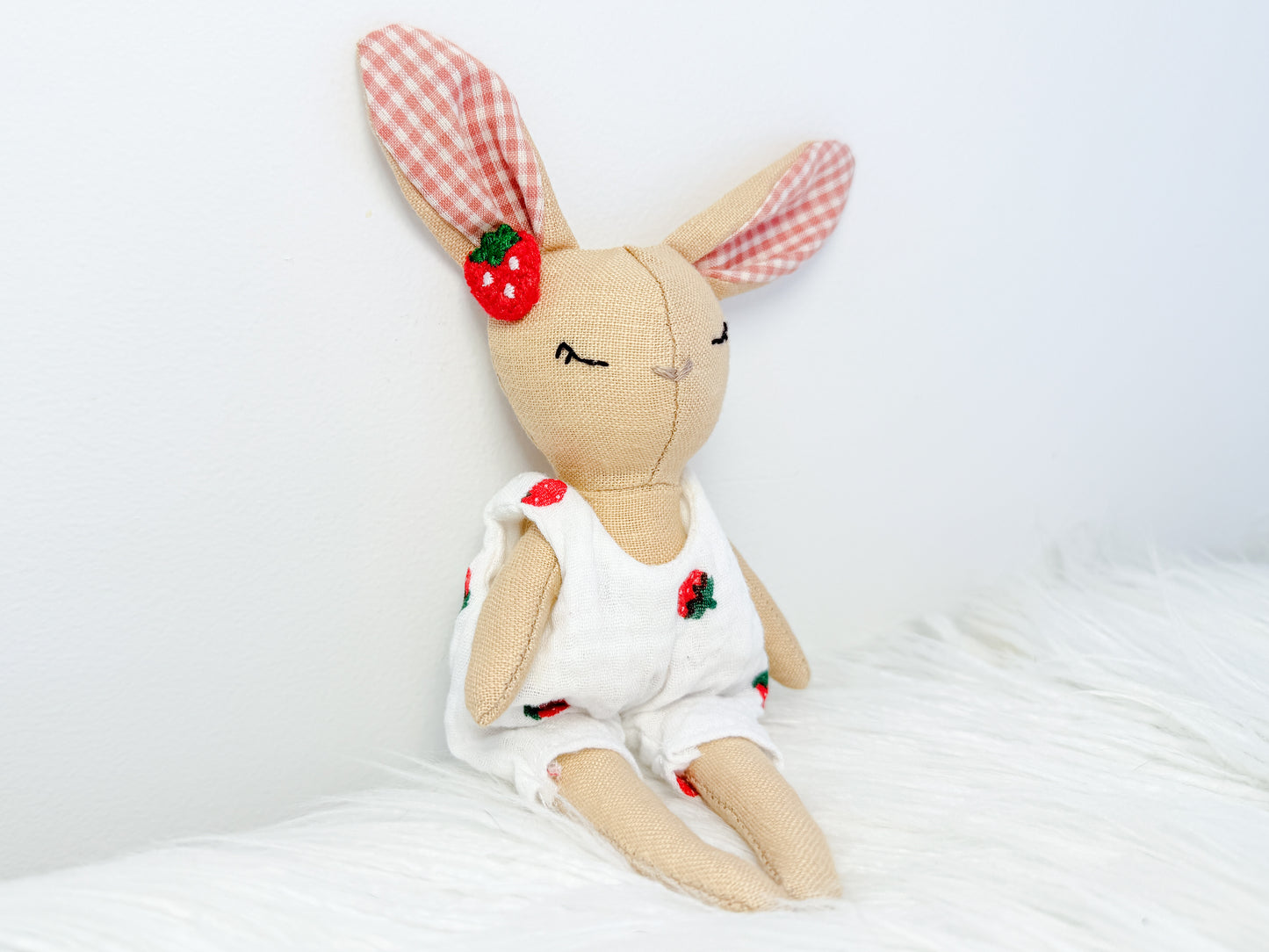 Handmade Linen Bunny Mini Doll – Strawberry Romper & Gingham Ears