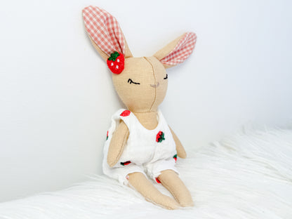 Handmade Linen Bunny Mini Doll – Strawberry Romper & Gingham Ears