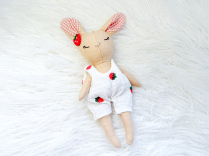 Handmade Linen Bunny Mini Doll – Strawberry Romper & Gingham Ears