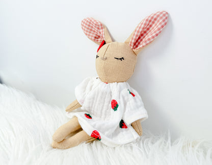 Handmade Linen Bunny Mini Doll – Strawberry Dress & Gingham Ears