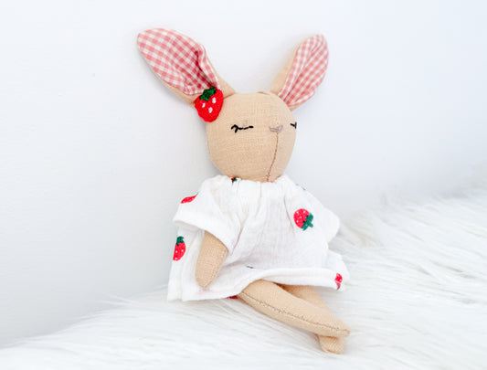 Handmade Linen Bunny Mini Doll – Strawberry Dress & Gingham Ears