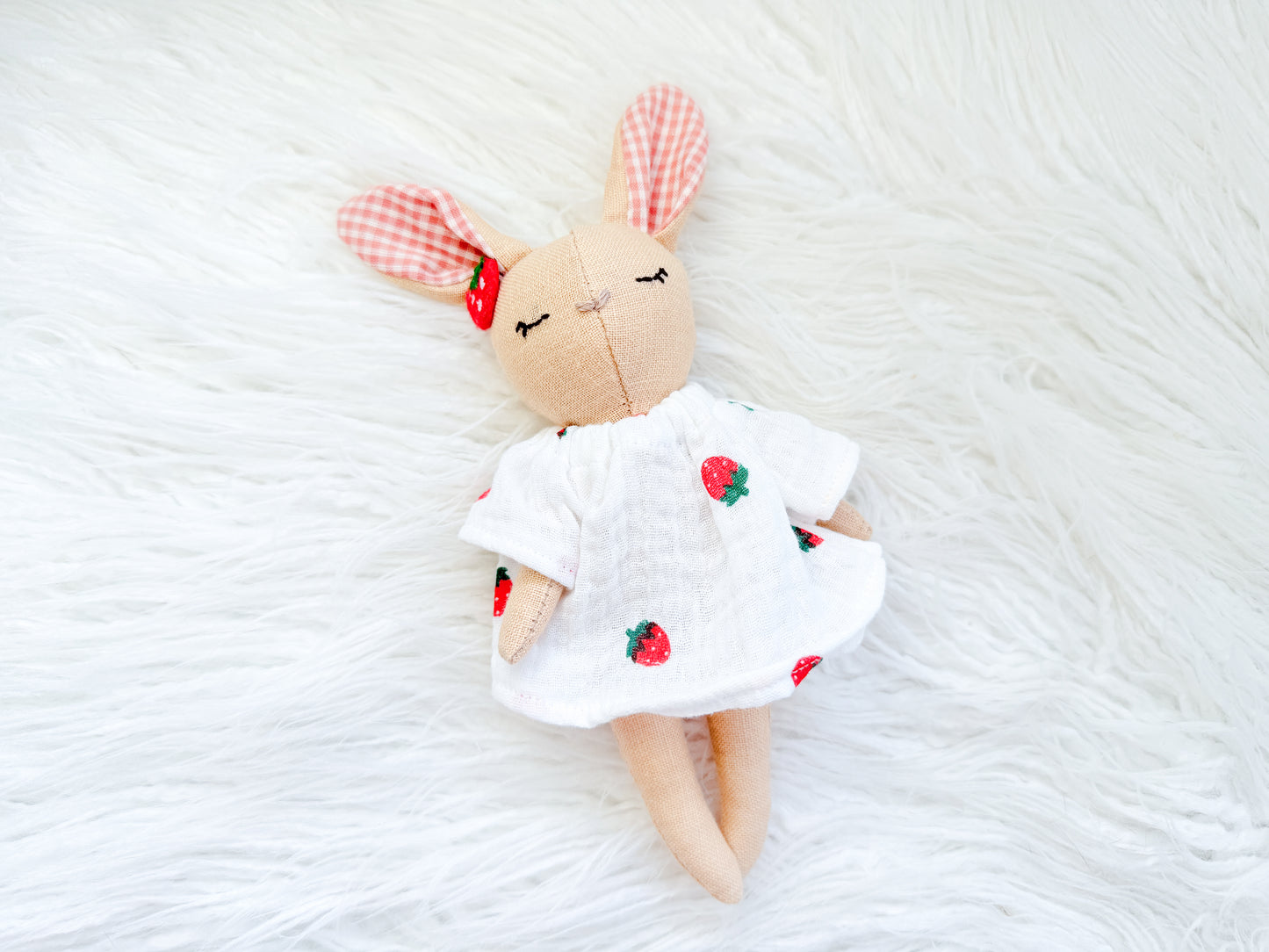 Handmade Linen Bunny Mini Doll – Strawberry Dress & Gingham Ears