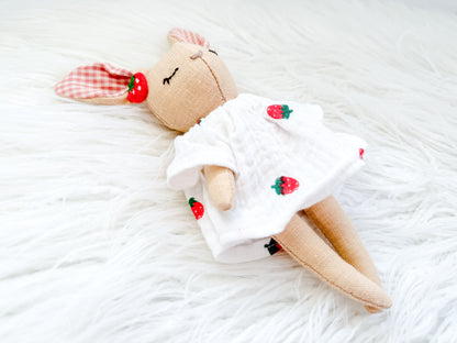 Handmade Linen Bunny Mini Doll – Strawberry Dress & Gingham Ears