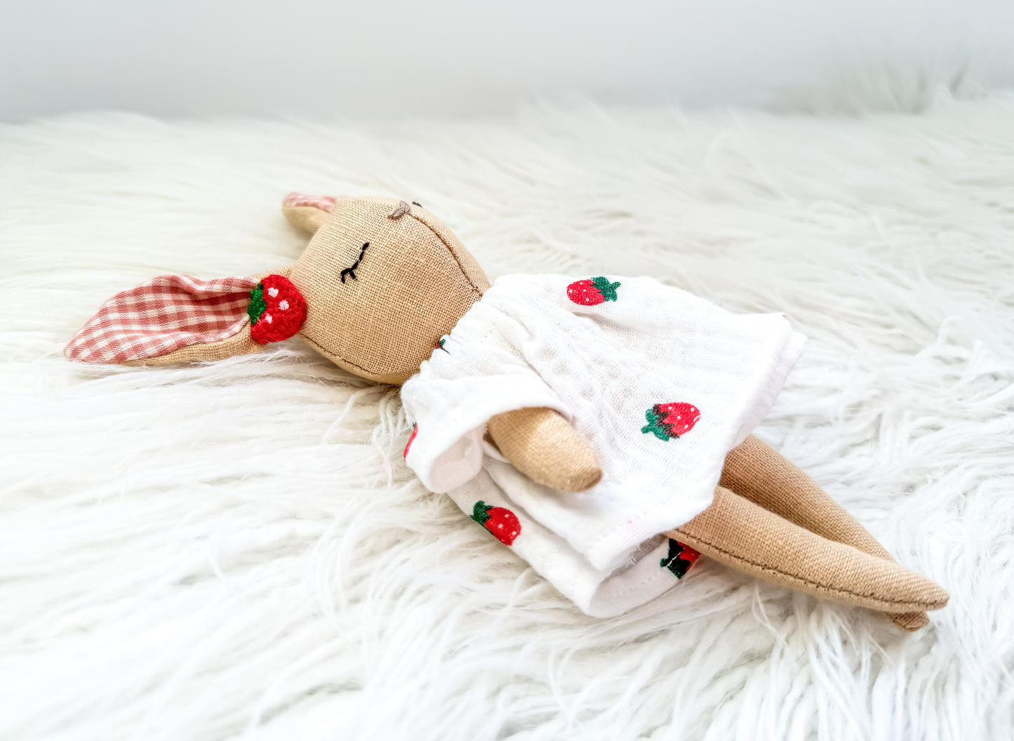 Handmade Linen Bunny Mini Doll – Strawberry Dress & Gingham Ears