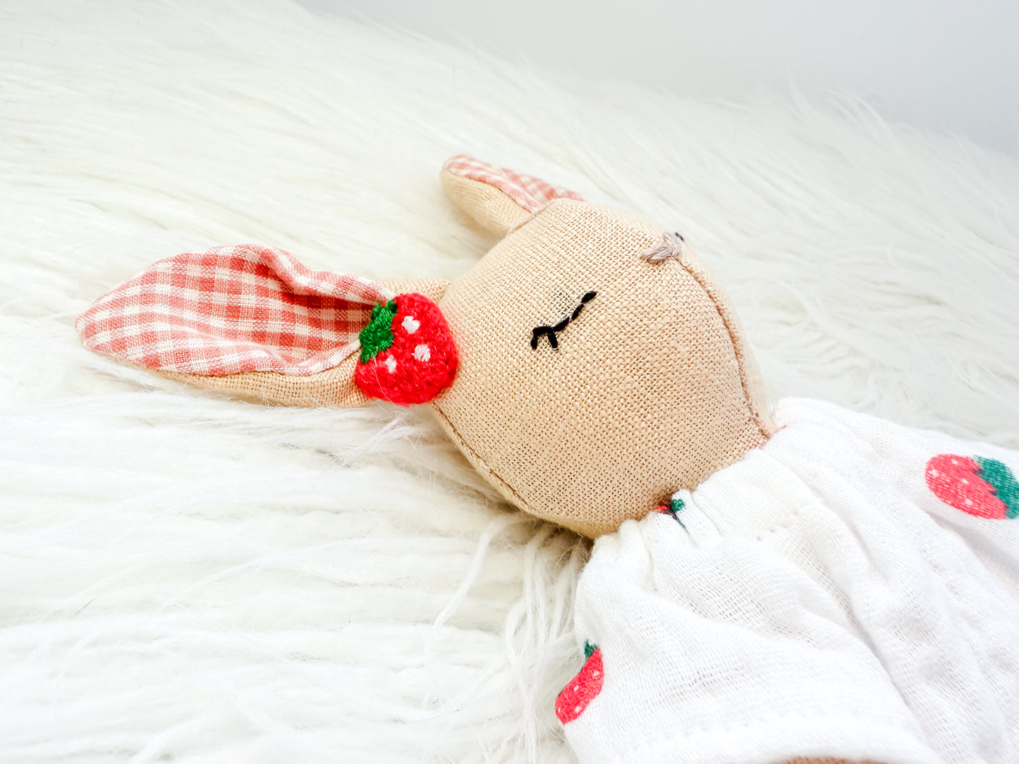 Handmade Linen Bunny Mini Doll – Strawberry Dress & Gingham Ears