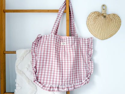 Large Ruffle Tote Bag - Pink Gingham