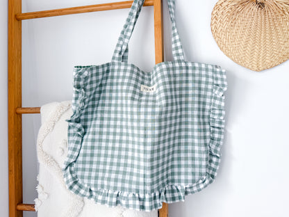 Large Ruffle Tote Bag - Sage Gingham