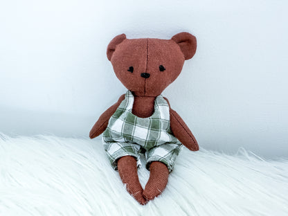 Brown Mini Linen Bear with Green Gingham Rompers