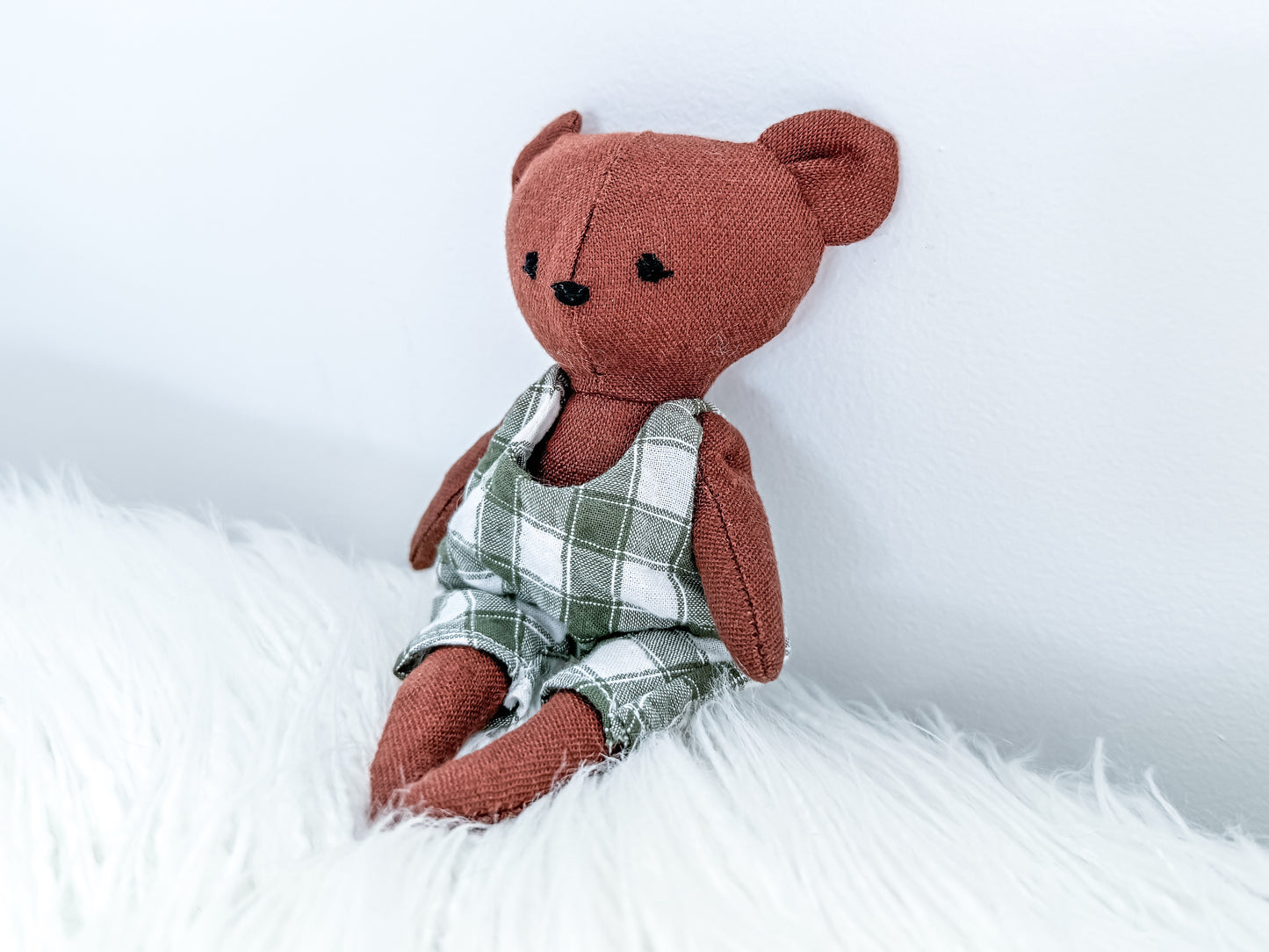 Brown Mini Linen Bear with Green Gingham Rompers