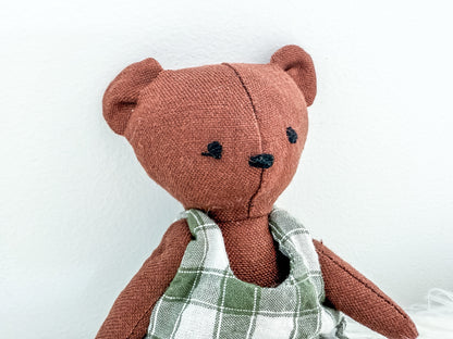 Brown Mini Linen Bear with Green Gingham Rompers