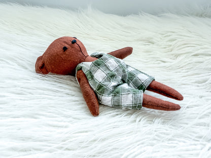 Brown Mini Linen Bear with Green Gingham Rompers