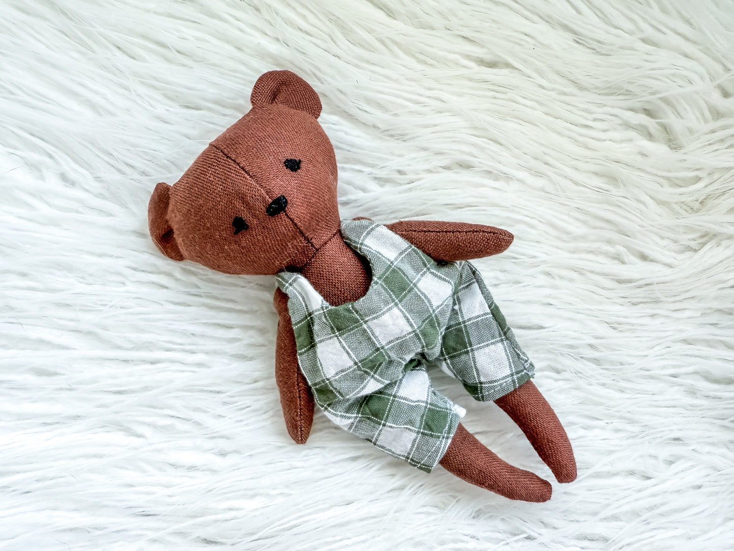 Brown Mini Linen Bear with Green Gingham Rompers