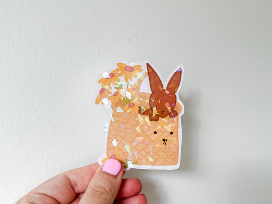 Die Cut Holographic Sticker - Basket Bunny